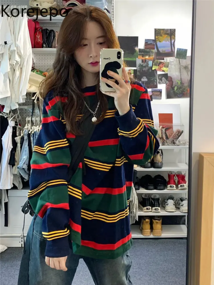 

Korejepo American Retro Striped Top Loose Off Shoulder Fashion Label Ins 2022 New Women's Spring Autumn Contrast Color Tops