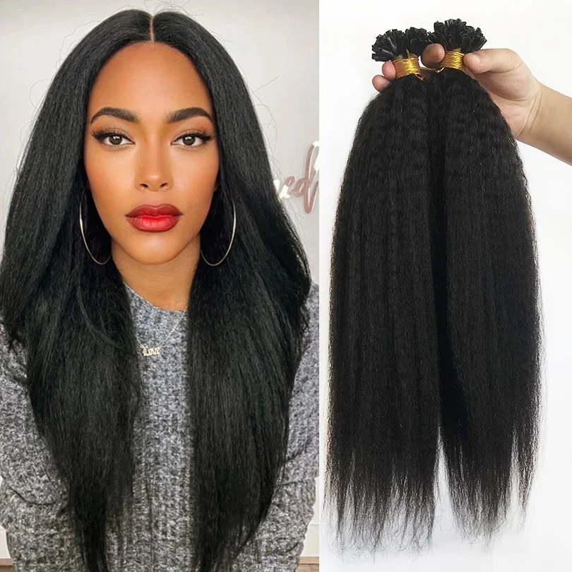 

Kinky Straight Human Hair Nail U Tip Machine Made Remy Human Hair Extensions 100 Strands Mongolian Remy Hair