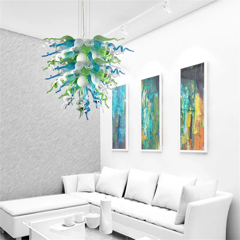 

European Blown Glass Chandelier Luxury Green Blue White Handmade Hanging Pendant Lamp 24 by 32 Inches