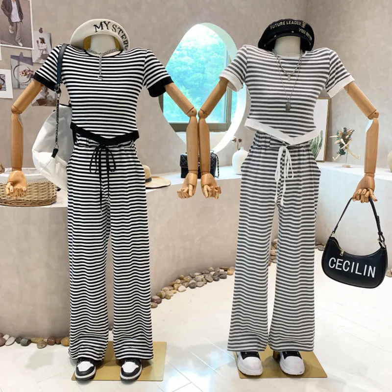 

Niche Design New Women 2022 Summer Vintage Stripe Short Sleeve Irregular Top + High Waist Wide Leg Casual Pants Two Piece Set