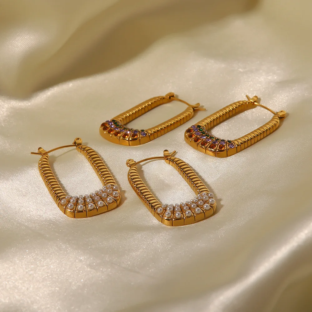 Stainless Steel PVD 18K Gold Plated Tarnish Waterproof Colorful Rhinestoned Rectangle Earring For Woman Jewelry Wholesale Trendy