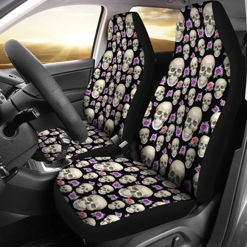 

Black With Skulls and Purple and Pink Roses Car Seat Covers Set Protectors Universal Fit For Car and SUV Bucket Seats