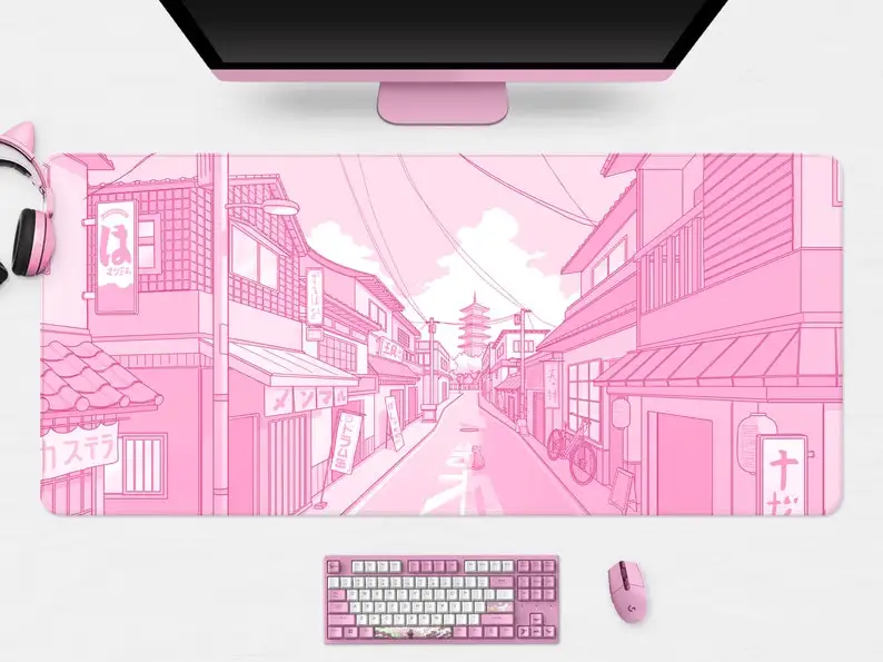 

Cute Anime Desk Mat Pink,Kawaii Mousepad Tokyo street, Retro lo-fi pastel Anime aesthetics, xxl extra large gaming deskmat, mous