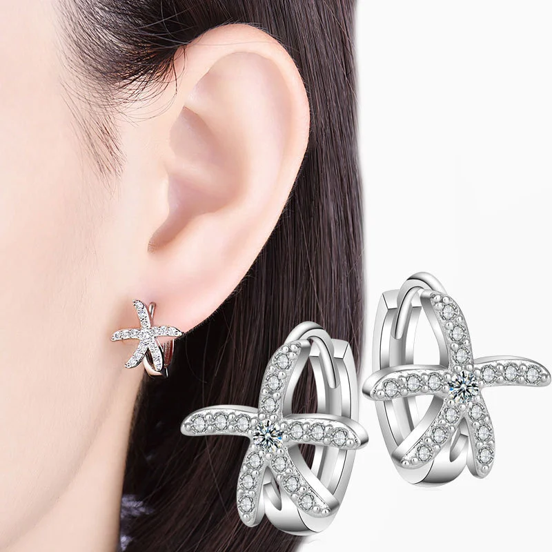 

Personality Starfish Earrings For Girls Temperament Zircon Buckle Earrings 925 Sterling Silver Hoops Women Jewelry