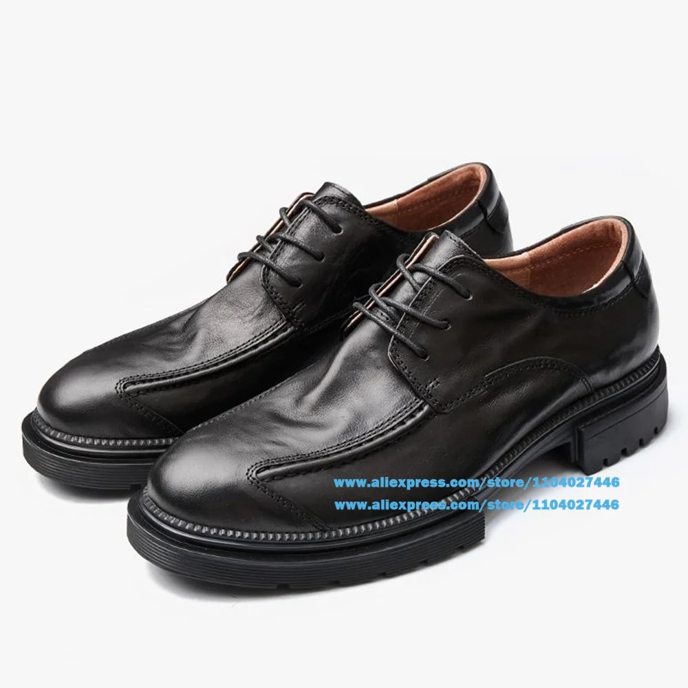Черная кожаная мужская обувь на шнуровке бархатная ручной работы с круглым
