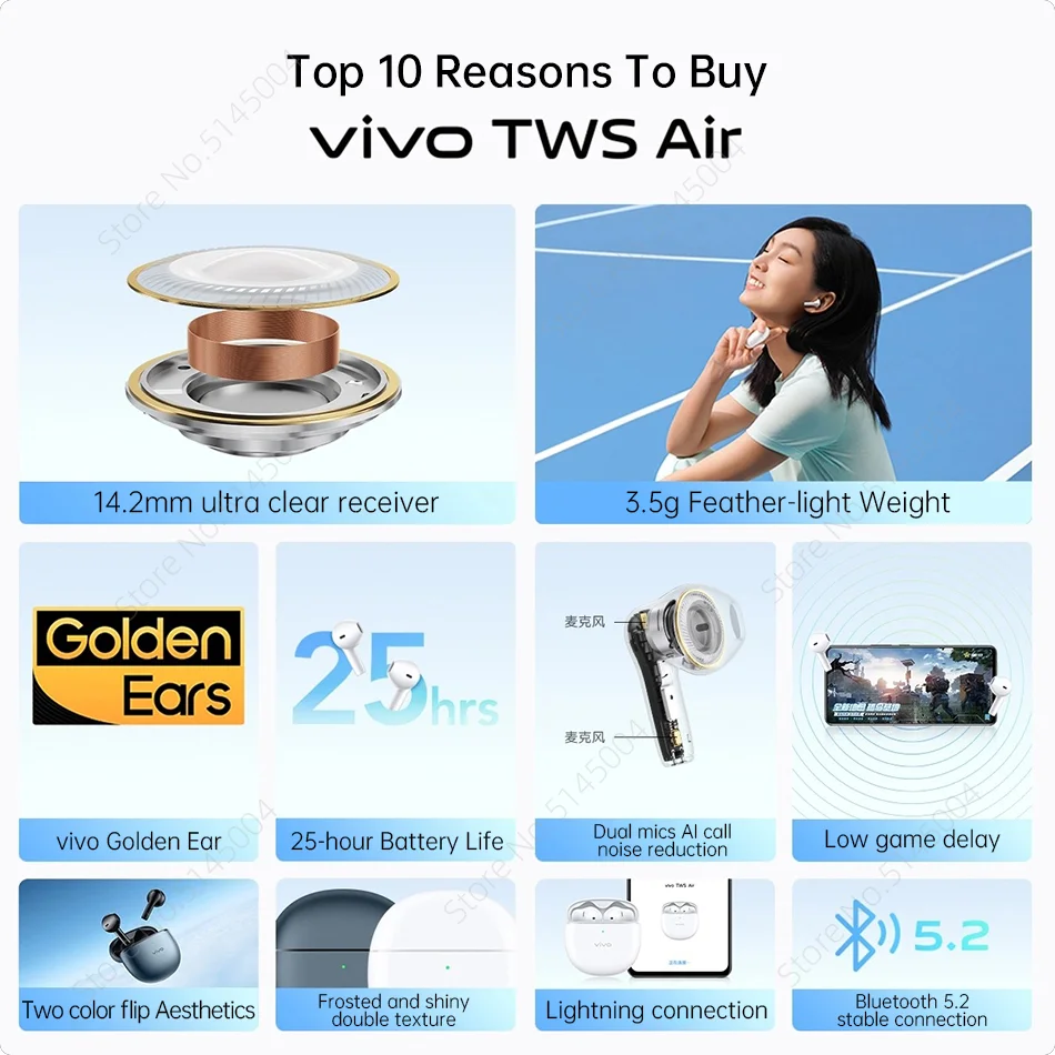 Vivo TWS Air Earphone Bluetooth 5.2 Dual Mic AI Noise Cancelling Wireless Headphone 25 Battery Life 14.2mm For X80 Pro - купить по