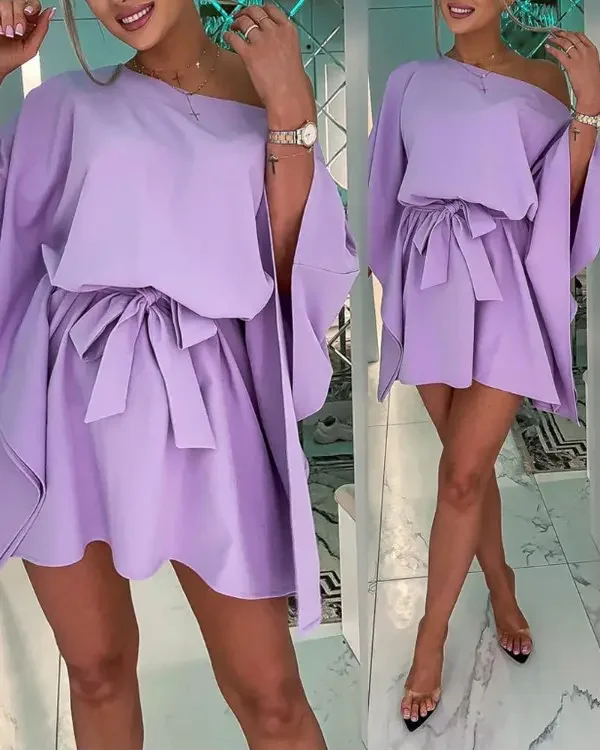 

Summer New Sexy Casual Dress for Women Batwing Sleeve Belted Loose Dress Off Shoulder High Waist Solid Mini Dresses 2022