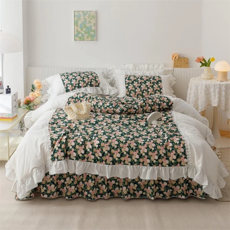 

100%Cotton Rose Floral White Patchwork Duvet Cover Double Queen King Twin Bedding Set Chic Flower Ruffle Bedskirt Pillowcase