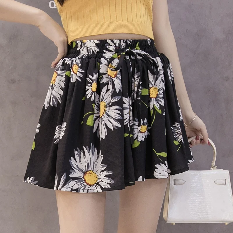 

New Women's Clothing 2022 High-waisted Lace-up All-match Chiffon Floral Pleated Short Skirt Culottes Loose Elastic Waist Skirt