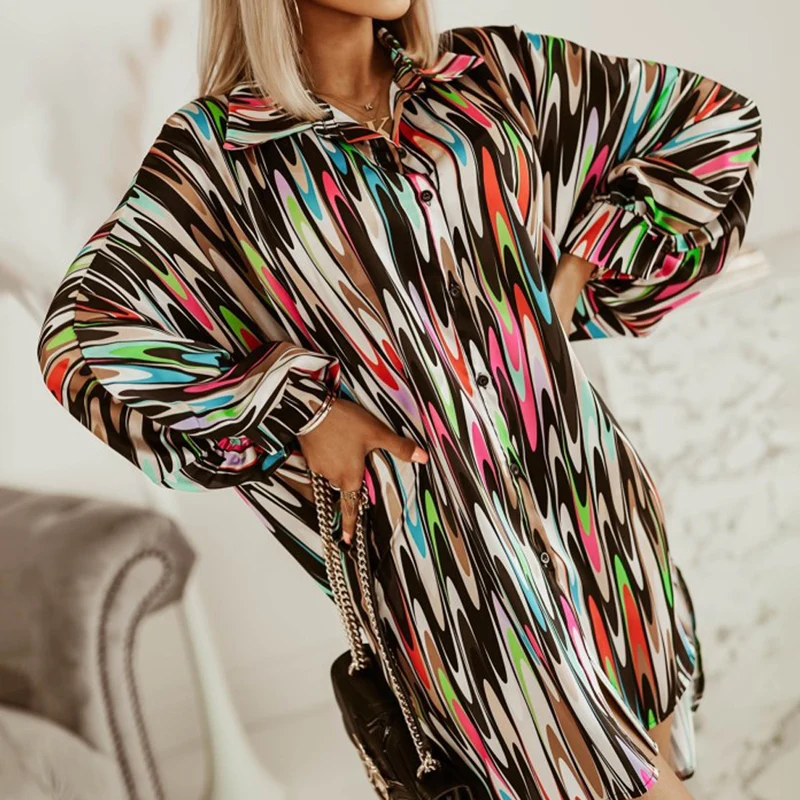 Женская винтажная блузка с длинным рукавом разноцветная рубашка принтом