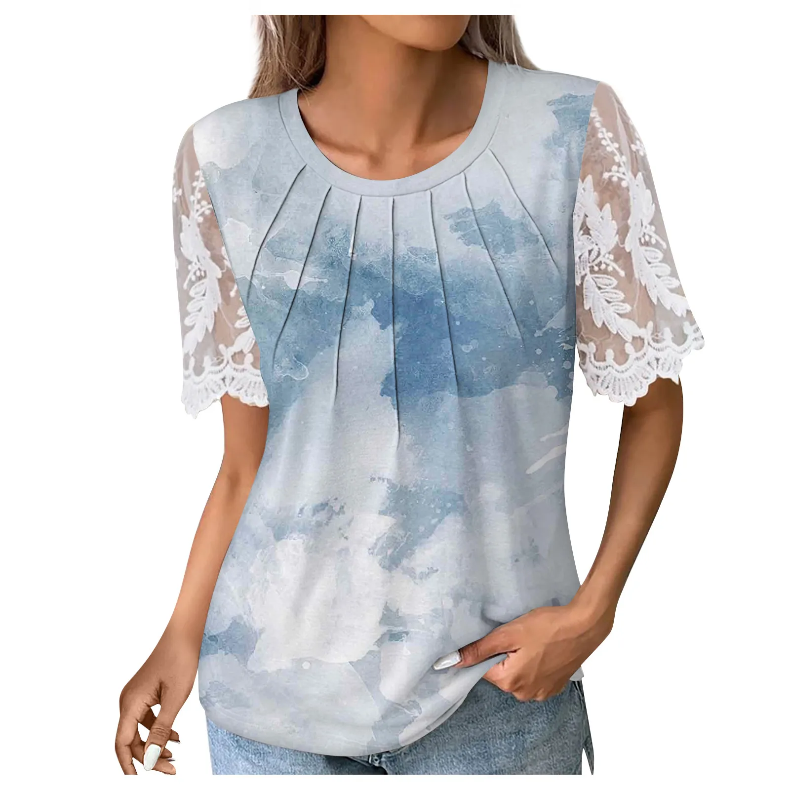 

Women Fashion Casual Loose Lace Solid Color Short Sleeve Printed Pleated Stripe T-Shirt Top Top Women Fashion Woman Blouse 2023