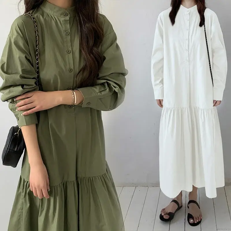 

Yfashion Women Ruffle Loose Dress OL Lady Long Sleeves Single Breasted Cardigan Skirt Stand Collar Solid Color Dress Summer Wear