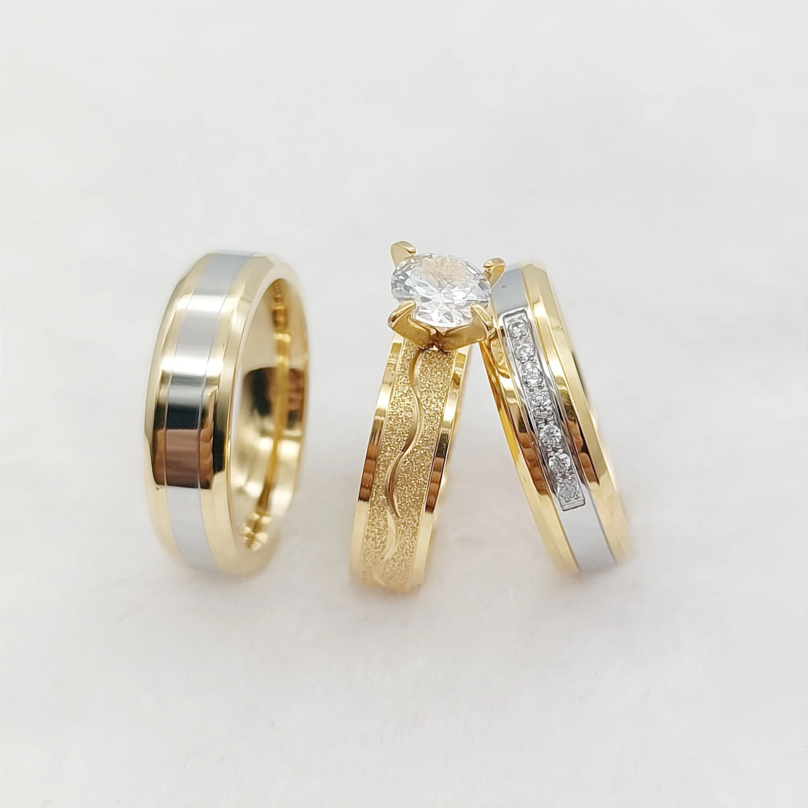 

Unique Western USA Style 3pcs Wedding Engagement Rings Bridal Sets For Men and Women 18k Gold Plated Jewery