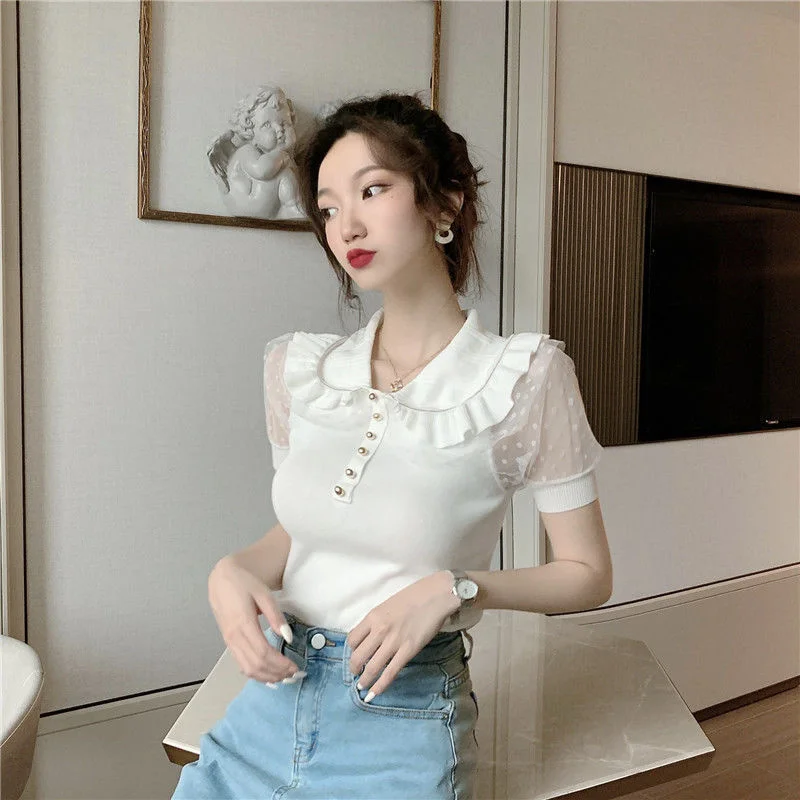 

Woman Tshirts Crop Top Women's Short-sleeved Sweater Summer T-shirt Mesh Sleeves Top Mujer Camisetas