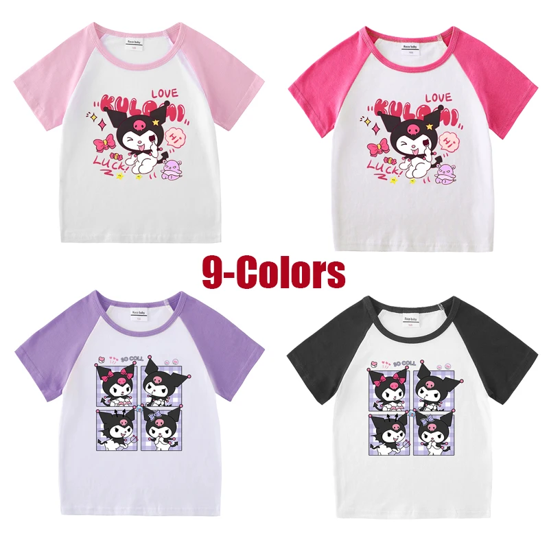 

Summer Kids Clothes for Girls Cute Cartoon Kuromi Short Sleeve T Shirts Toddler Girl Raglan Sleeves Cotton Tee Kawaii Tops