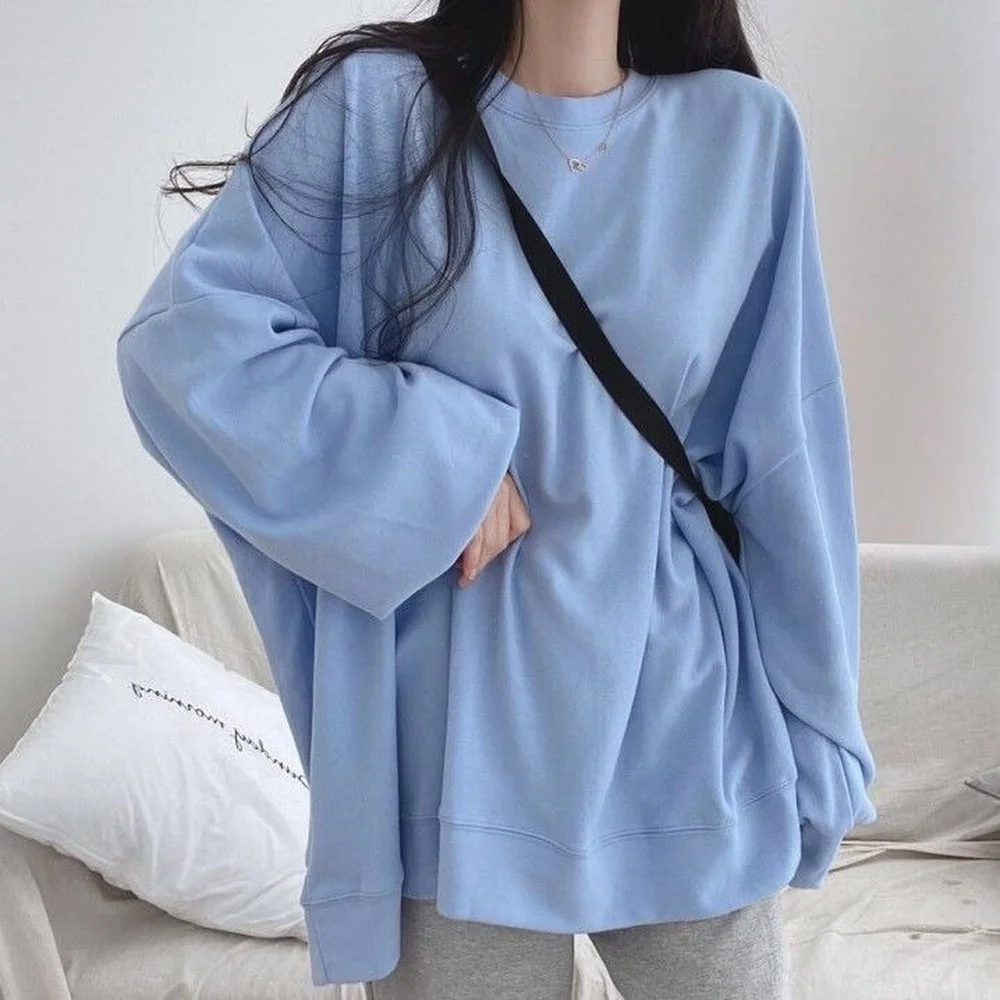 

Casual Loose Solid Color Long Sleeve T shirt Women Oversize Round Neck Female Tops Korean Leisure Office Lady Tee Shirt Clothes