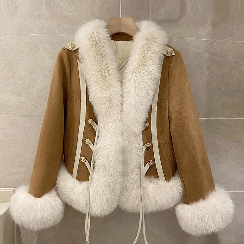 2022 Winter Women Faux Fox Fur Coat Top V-Neck Long Sleeve Short Mao Mao Jacket Female Casual Outwear Deer Velvet fur Overcoat