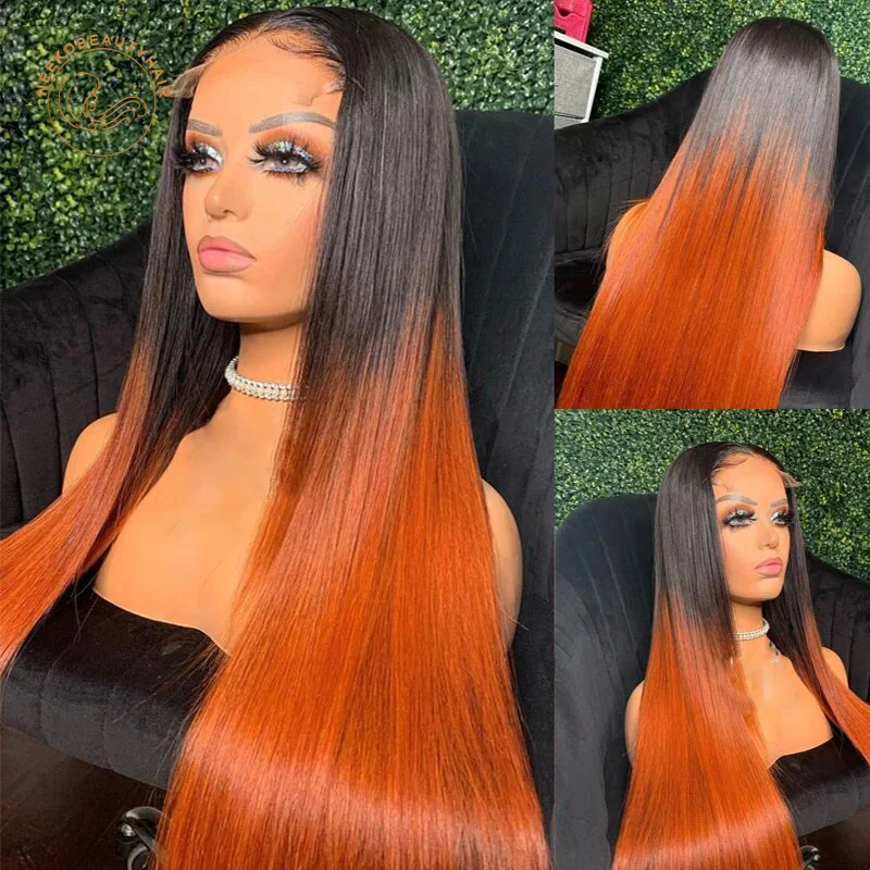 Парик фронтальный с прозрачной сеткой 2 оттенка черный оранжевый прямой 13x4 парик