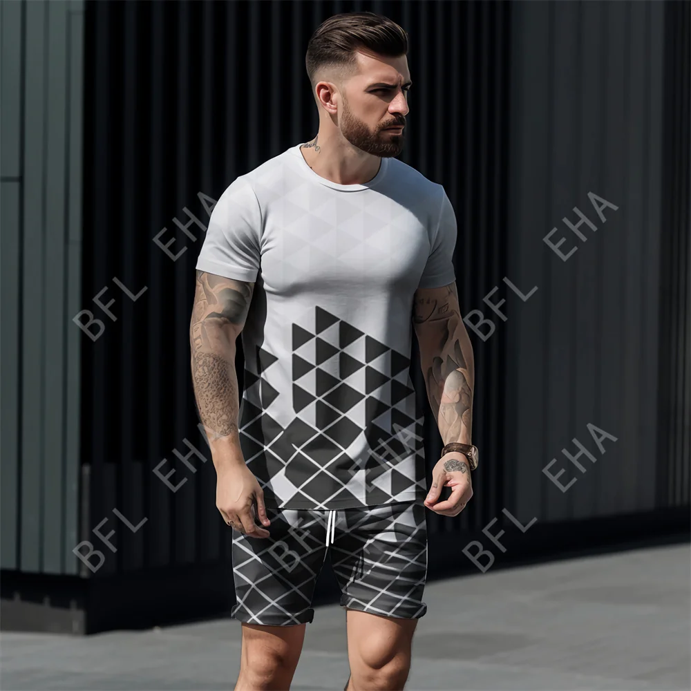 2023 New Men Fashion 3D Gradient color graphics Print Men Street Casual Short T Shirts+Shorts 2-piece Set Oversized Man Clothing