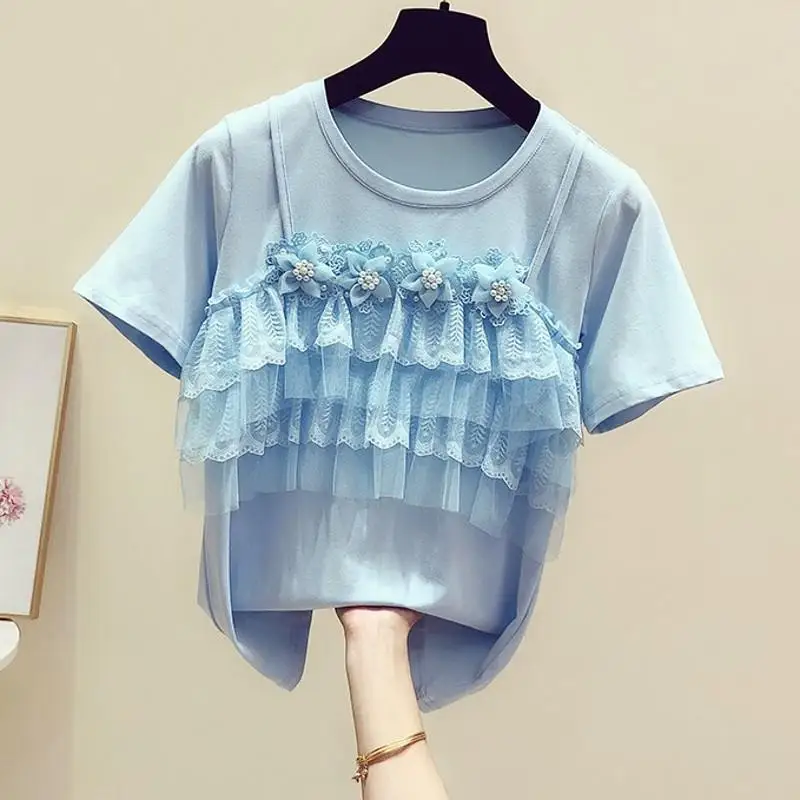 

Bow Short Sleeve Design Sense T-shirt Women's 2023 Summer Korean Loose T-shirt Trend crop top