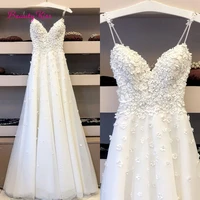 a line 3d flowers wedding dress elegant spaghetti straps long bridal dresses floor length robe de mariee plus size