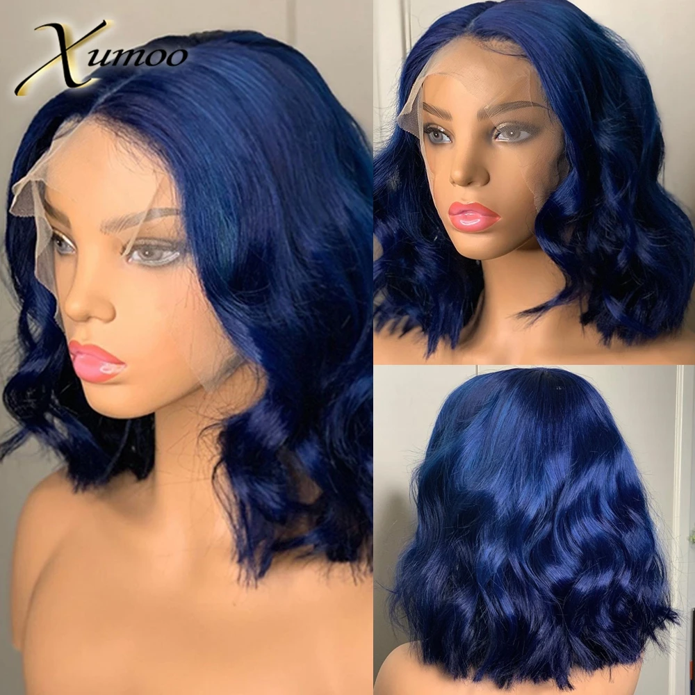 XUMOO Blue Color 13x4 Lace Front Wigs Wave Short Bob For Women Brazilian Remy Human Hair Gluelss Wigs With Baby Hair