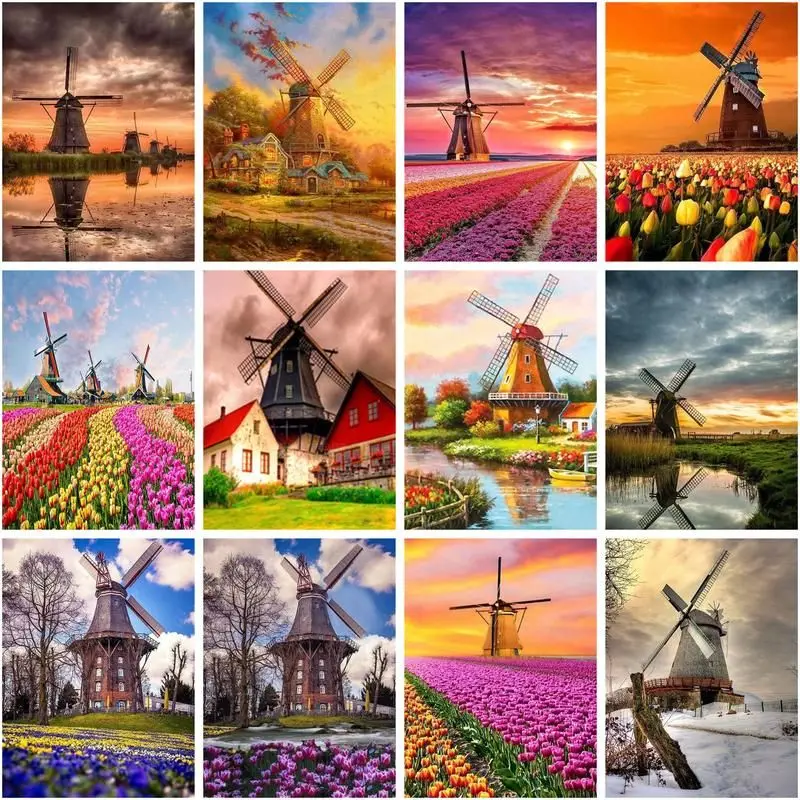 

5d Diy Diamond Painting Dutch Windmill Landscape Full Square Diamond Embroidery Mosaic Handicraft Decoration