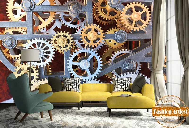 

Custom 3d Clock Running Gear Wallpaper Mural Golden Metal Mechanism Office Tv Sofa Bedroom Living Room Cafe Bar Restaurant