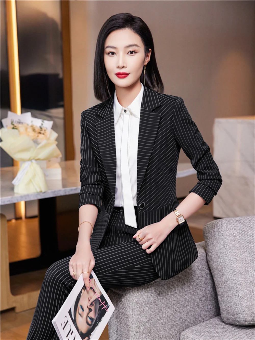 Elegant Women Pant Suit 2023 New in Blue Blazer + Trousers Long Sleeve Striped Suit Formal Office Lady Business 2 Piece Set
