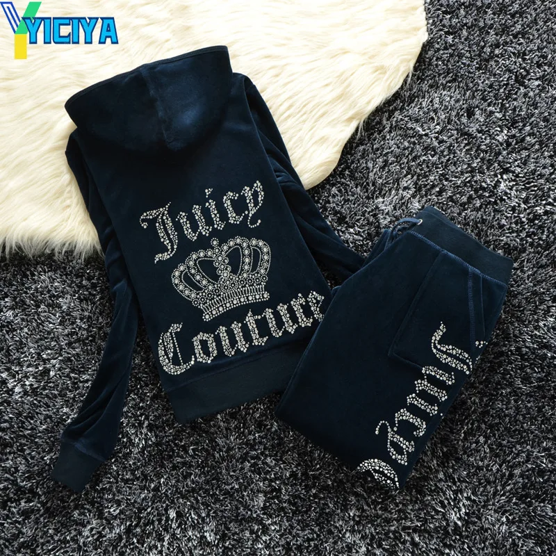 YICIYA 2022 Women's Large Crown Hot Drill Sports Leisure Fashion Velvet Suit Tracksuit Women Crop Top  Trousers Met Velour Pants