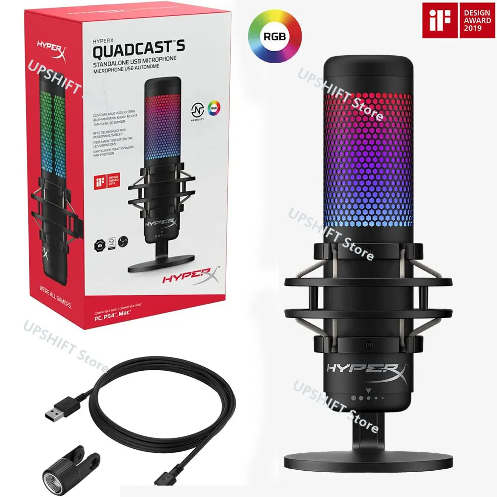 

HyperX QuadCast S-RGB USB конденсаторный микрофон для ПК PS4 PS5 Mac, антивибрационное Противоударное Крепление, 4 полярных режима, Контроль усиления, игр