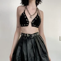 punk style black bralette crop tops eyelet pin buckle hollow out women goth techwear backless chains halter neck sexy tank vest