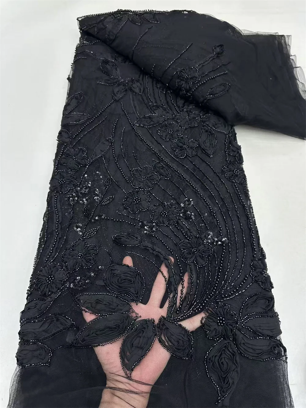 Роскошная кружевная ткань высокого качества с бисером 2024 темно-синяя блестками 5