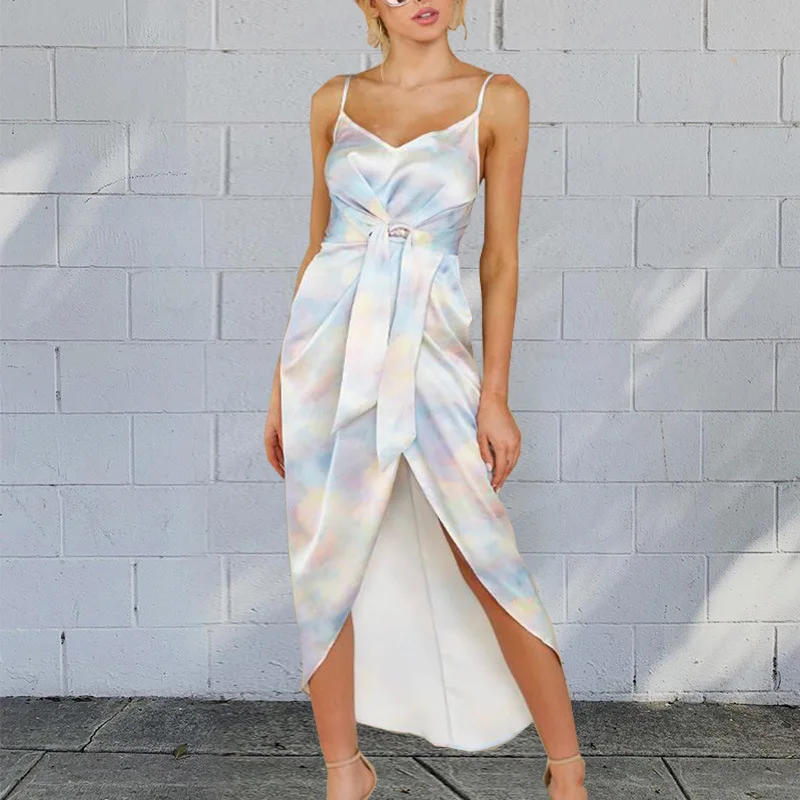 

2021 Tie-Dye Print Long Dress Women Summer Sleeveless Sexy V-Neck Backless indie Dress Elegant Irregular Lace-Up Maxi Dresses