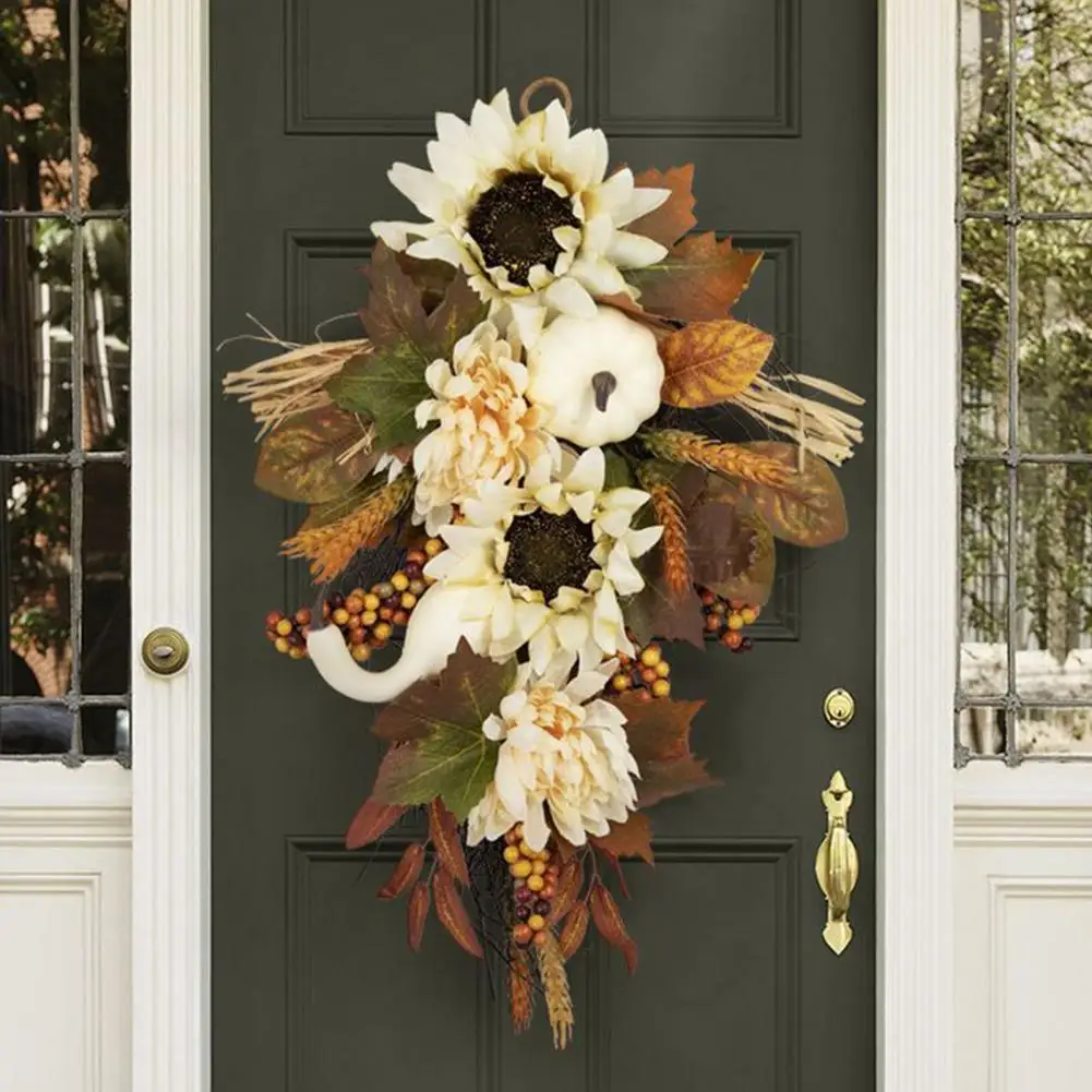 

Autumn Leaf Wreath Autumn-inspired Fall Harvest Festival Wreath White Sunflower Pumpkin Maple Leaves Berry for Thanksgiving