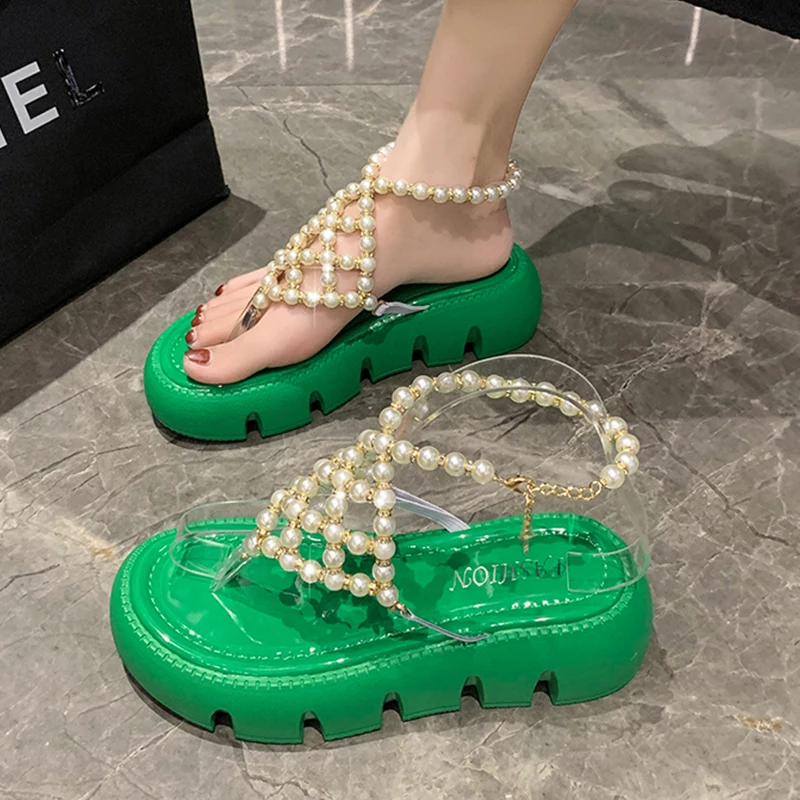 

Сандалии женские на плоской платформе, повседневные шлепанцы, с жемчугом, на застежке, повседневная обувь для вечеринки, лето 2022