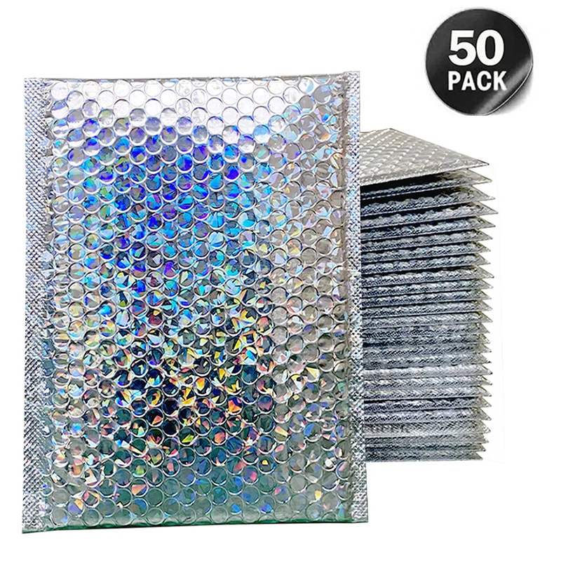 50Pcs Holographic Mailer Laser Silver Mailing Envelope Waterproof Courier Bag Padded Bubble Envelopes Packaging Bag for Shipping