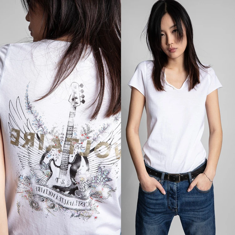

22 Fashion Classic Trendy luxury design Summer New Hot Stamping V-neck White Cotton Women's T-shirt