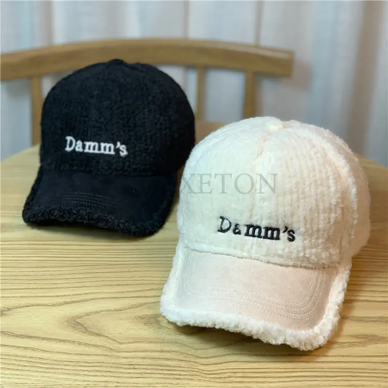 

Women Winter Baseball Cap Solid Warm Sun Hats Lamb Cashmere Letters Embroidered Teens Cotton Snapback Caps Cute Velvet Hat
