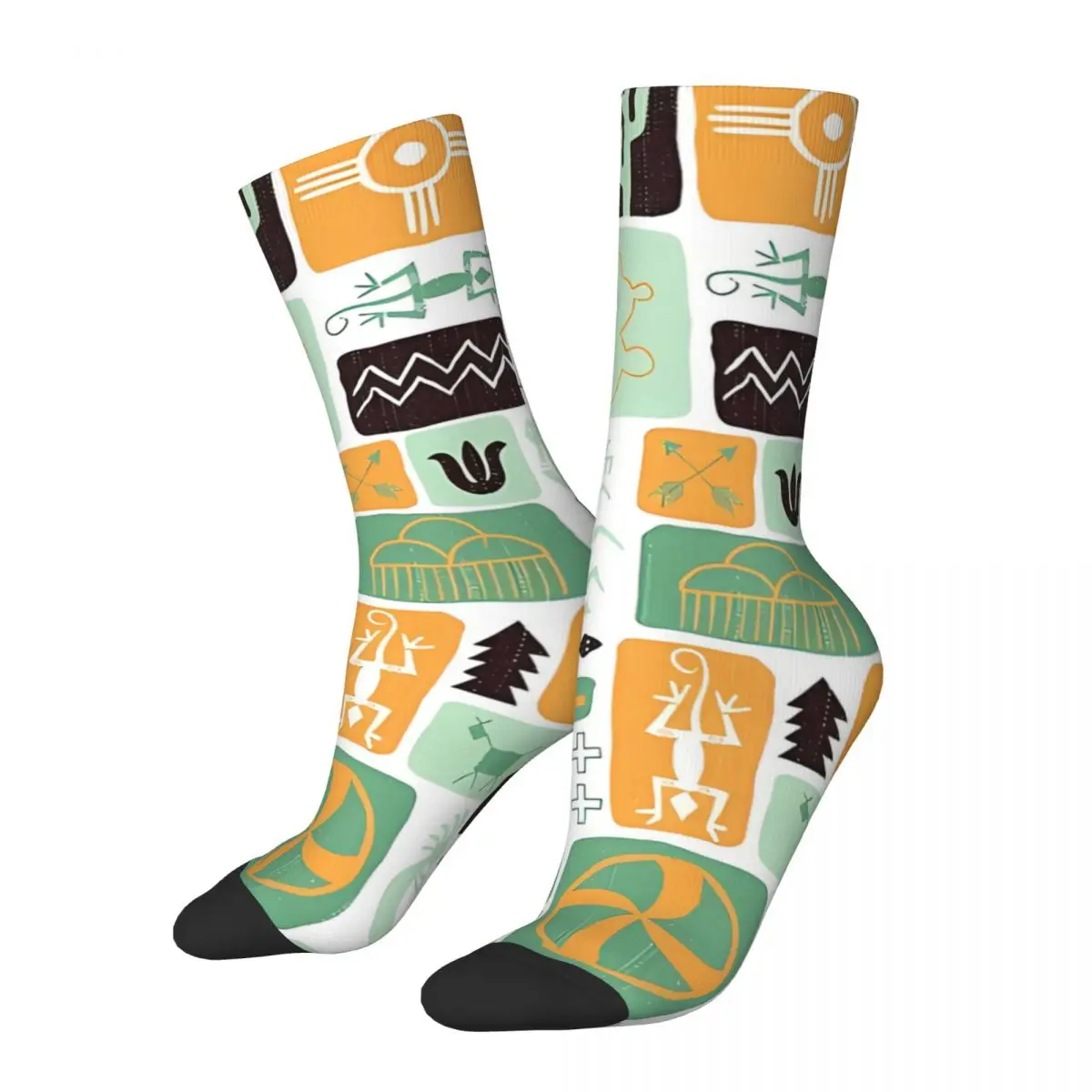 Happy Men's Socks Southwest Dreams Yellow Ocher Vintage Kokopelli Hopi Street Style Casual Crew Sock Gift Pattern Printed
