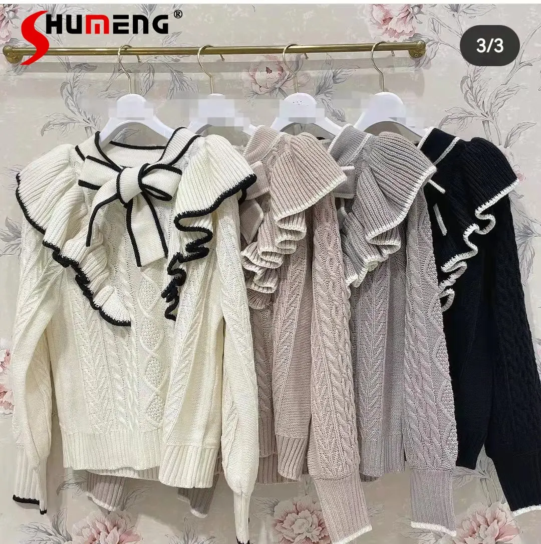 

Sweet Girl Ruffled Big Bow Ruffles Knitwear Fenale Japanese Style Cute Woman Pullover Long Sleeve Twist Weave Knit Cardigans