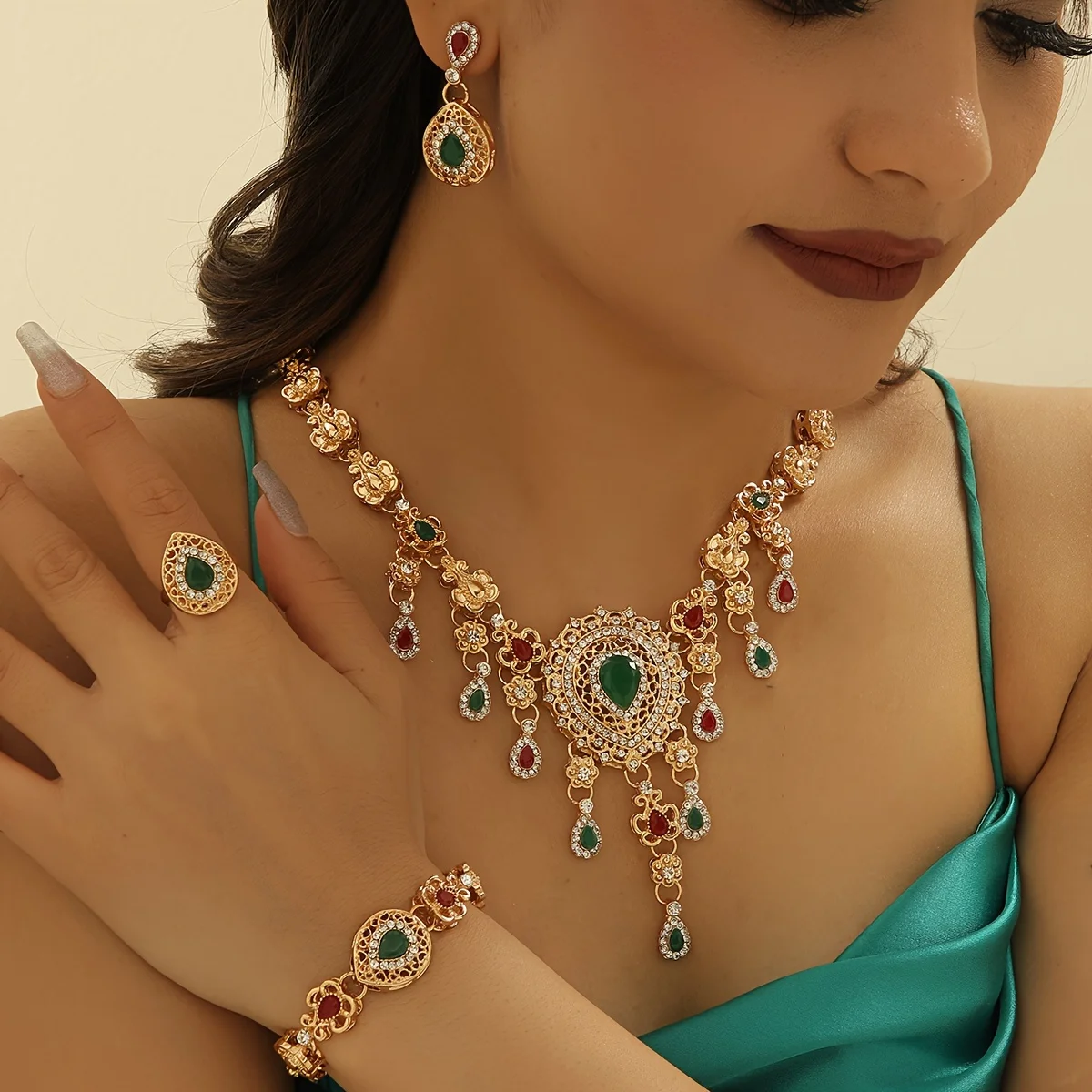 5 шт./компл. полые висячие серьги + кольцо ожерелье браслет Болливудский комплект