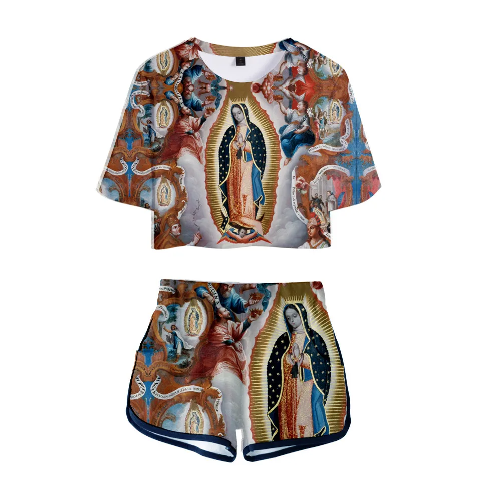 

Hot sale Our Lady Of Guadalupe Virgin Mary Catholic Mexico 3D Girls Two Piece Set Women Short Sleeve Crop Tops+Shorts Tracksuit