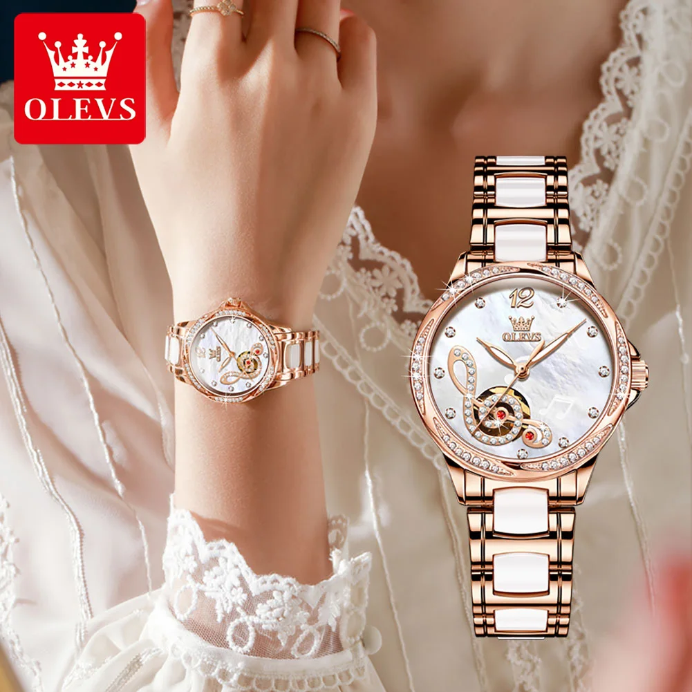 OLEVS 6656 Full-automatic Fashion Women Wristwatches Waterproof Ceramic Strap Automatic Mechanical Watches for Women Luminous enlarge