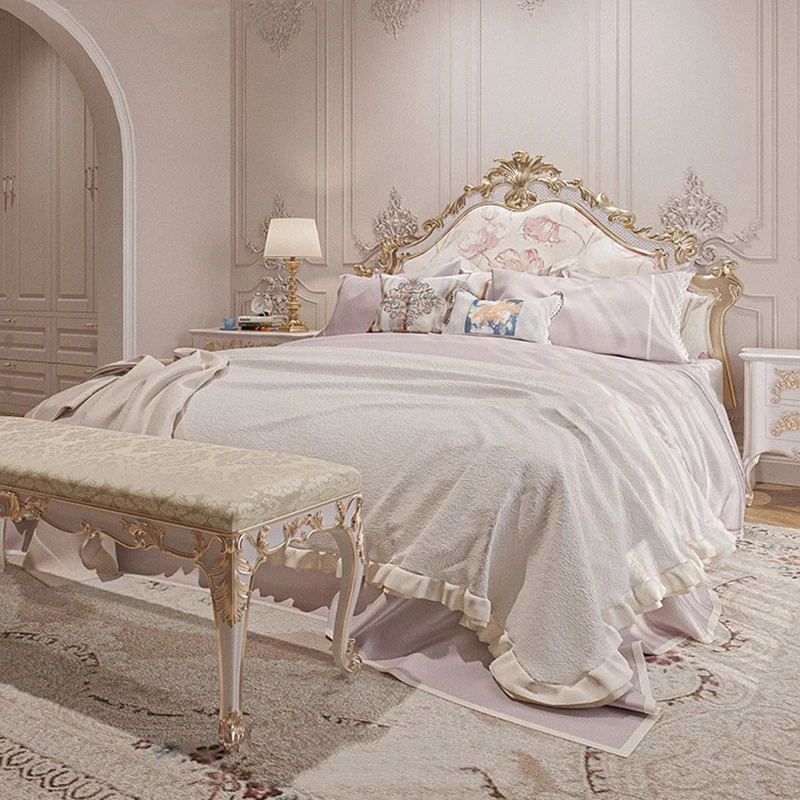 

Деревянная Современная двуспальная кровать, большая вырезанная вручную дизайнерская белая роскошная кровать для спальни в Европейском стиле, мебель для спальни