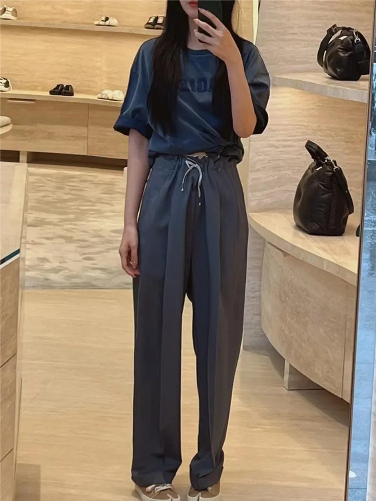 Women Drawstring High Waist Simple Trousers 2023 Spring Summer New Ladies All-Match Loose Casual Thin Grey Long Pants