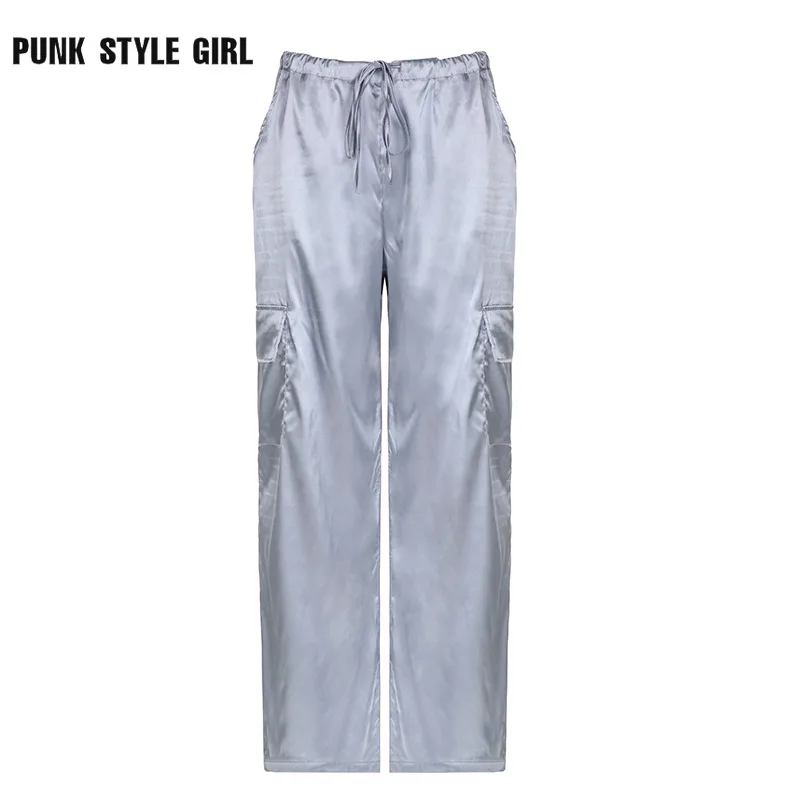

2023 Fashion Satin Harajuku Oversized Cargo Parachute Pants Women Streetwear Vintage Y2k Hip Hop Wide Leg Baggy Techwear Pants