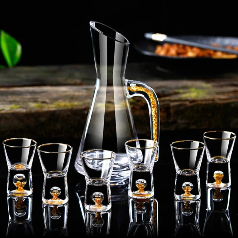 

Crystal Inlay 24k Golden Foil Spirit Vodka Decanter Shot Glass Set Household Gild Moonshine Liquor Sake Wine Dispenser Barware