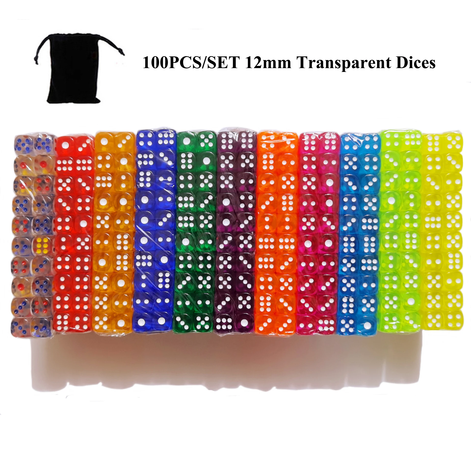 100pcs/set Colorful 12mm Acrylic Dice 6 Sided Transparent Round Corner Dice Club Party Family Table Board Games DND Math Dice