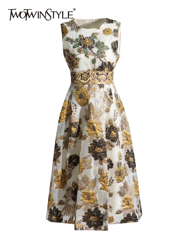 

TWOTWINSTYLE Spliced Embroidery Dresses For Women Round Neck Sleeveless High Waist Elegant Dress Female Fashion Clothing 2023